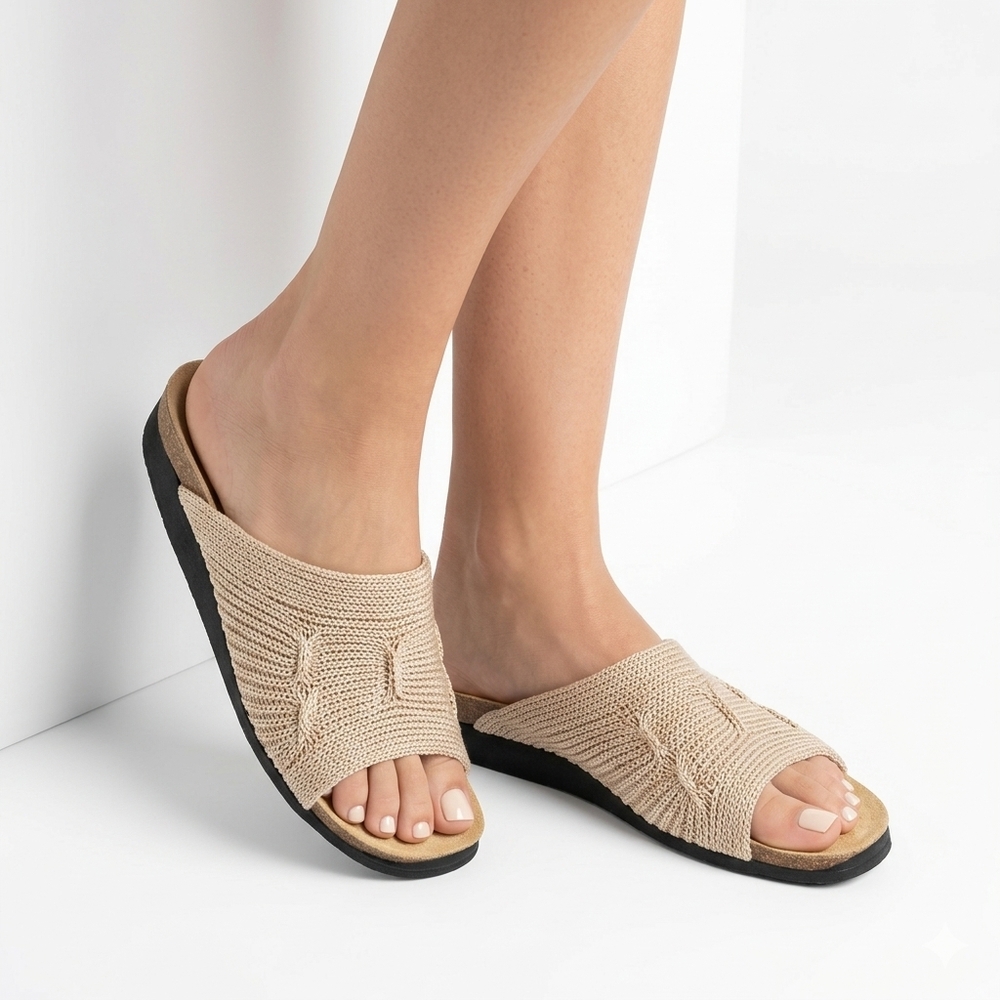 NEW Arcopedico Elio Parodi Beige Knit Slides Sandals Leather Insole EU39/ US 8.5